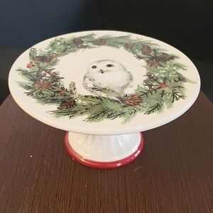 Creative Co-Op Stoneware Owl & Wreath Image Cake Pedestals 7.5" Round